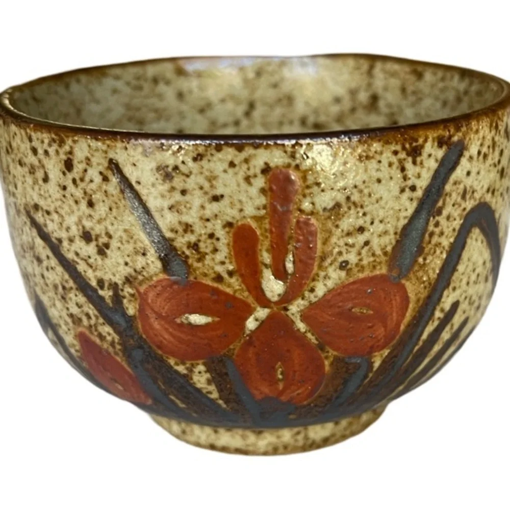 Set of 6 Vintage Japanese Hand Painted Pottery Tea Cups with Red Floral Design